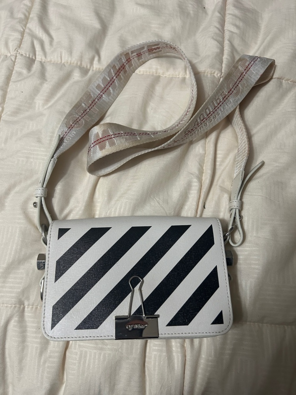 Off-White White and Black Diagonal Stripe Crossbody Bag